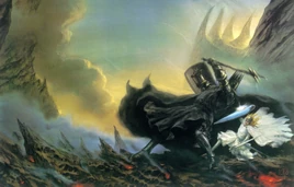 Morgoth uzbrojny w Grond walczy z Fingolfinem – autorstwa Johna Howe