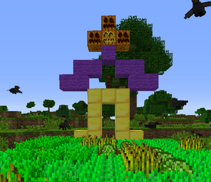 Farm Golem Scarecrow.png (183 KB) Watch out for the farm golem! This really works. The functional scarecrow is only the jack-o-lantern+wool+air+fence post. The rest is pure decoration and could be obmitted