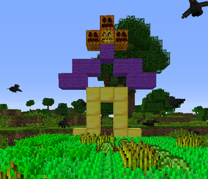 Watch out for the farm golem! This really works. The functional scarecrow is only the jack-o-lantern+wool+air+fence post. The rest is pure decoration and could be obmitted