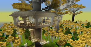 A Grand Elven treehouse. Note the presence of a Galadhrim Lord, banners and a staircase.