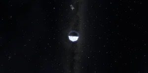 A half moon with clouds and stars in the midnight sky.