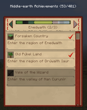 The achievements in Enedwaith, displaying two claimed and one unclaimed achievement
