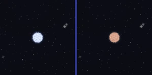 Two full moons in the midnight sky (left:normal, right:during lunar eclipse).