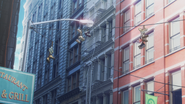 Sneakers hanging from a wire in New York City