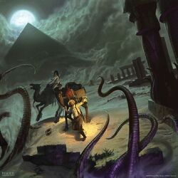 Ilustración de Jake Murray (Murr) para la caja de la expansión "Bajo las pìrámides" del juego de rol Eldritch Horror.