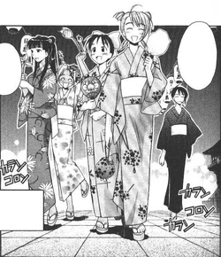 The Hinata girls wearing yukata during a summer festival