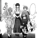 Kaolla and Mitsune in kimono, with Motoko in a hakama