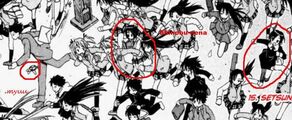 From left-right: Tama-chan (first circle) Shinobu look-alikes (second circle and third circle), Naru look-alike and Kitsune look-alike are in front of first Shinobu look-alike.