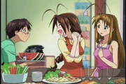 Watermelons can be seen at the background of Keitaro's triple dinner.