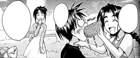Mutsumi's "child" self shoves an entire watermelon slice in Keitaro's mouth.