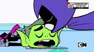 Raven kissing Beast Boy on the forehead to return her feelings to him