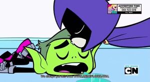 Raven kissing Beast Boy on the forehead to return her feelings to him.
