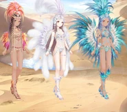 The unposed version of the suit alongside the other Brazilian Carnival suits Worship Dance (center) and Splendid Opening (right)