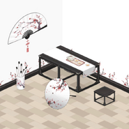 The six items available in the Users Furniture, from left to right: Half Volume of Poetry, Endless Wind, Distant Mist, Light Tea Set, Cloud and Plum, and Cold Smoke Stool
