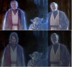 Original scene with  as Anakin Skywalker (above), retouched version with  as Anakin Skywalker (below)