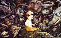 The concept painting by Brian Froud of an infant surrounded by goblins that inspired the film