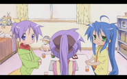 Tsukasa, Kagami, and Konata with ponytails