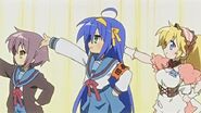 Konata dancing at her working place.