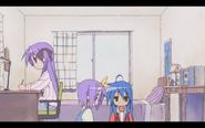 Konata, Tsukasa, and Kagami studying