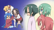 Patricia, Hiyori, and Konata getting dirty looks from the others.