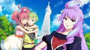 Makina hugging her partner Reina beside Mikumo Guynemer at the Tokyo SkyTree.