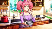 The cute Makina having a taste of her sweet cooking.