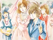 An illustration of Misa and Hikaru's wedding, surrounding by a happy Lynn Minmay and the bridge operators.