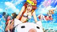 Freyja summer beach party with Kaname Buccaneer on a giant Q-Lulu flotation device.