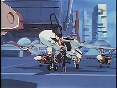 Roy's VF-1S in front of the Macross is about to take off.