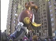 Woody's hand was ripped by a tree causing him to slowly deflate, so he needed to be lowered to the ground in the 1993 Parade. (Screenshot: Jennifer Gee)