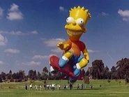 Bart in his test flight. The balloon was made by a different company that had little experience making giant helium balloons like Macy's for the parade, resulting in the patches being very unstable.
