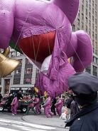 Barney's left leg was ripped by a street light in the 2005 Parade.