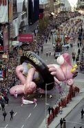 The Pink Panther "lying" down Broadway before going out of control at Times Square in the 1997 Parade. (Photo: Evy Mages)