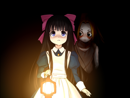 Aya holding a lamp with Ines standing behind her