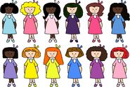 All of the little girls in different coloured outfits.Ellie in the light blue,Janine in the Pink,Nona in the light Pink,Sylvie in the Purple,Monique in the Pink,Anne in the Blue,Lulu in the Purple,Yvette in the Yellow,Chloe in the Yellow,Nicole in the Blue,Danielle in the Purple, and Madeline in the Pink.