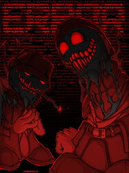 An artwork of Sanford and Deimos with the Demon's face
