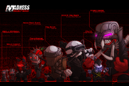 A size chart of various characters appearing in MADNESS: Project Nexus, with the generic A.A.H.W. Mag wielding a Mossberg 500 and standing between Church and the Mag Bandit.