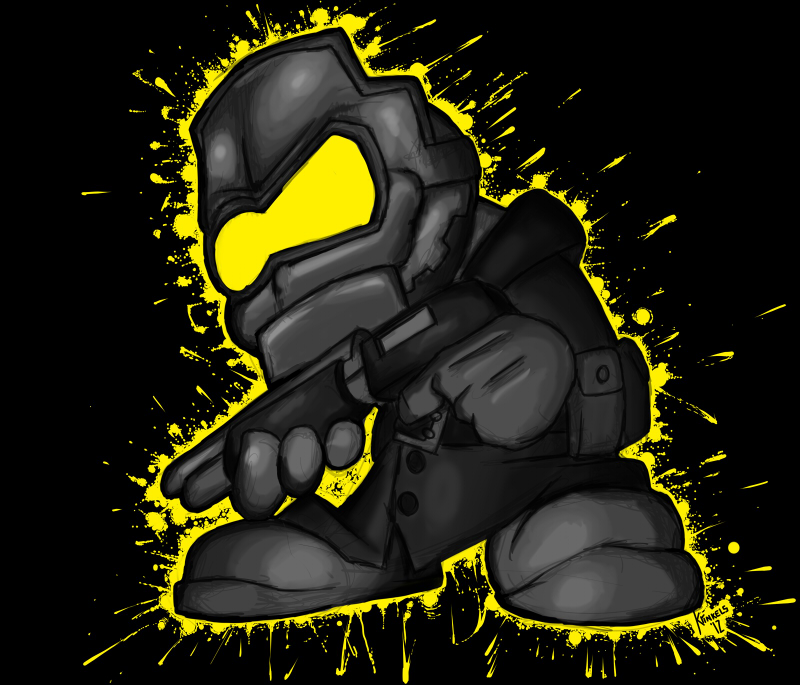 A soldier with a black coat, and only one eye with that eye comes a yellow  visor. a.tp soldat from madness combat. grunt from madness combat. has  floating hands and no arms