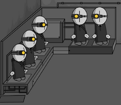 A soldier with a black coat, and only one eye with that eye comes a yellow  visor. a.tp soldat from madness combat. grunt from madness combat. has  floating hands and no arms