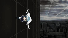 Sayaka runs in the windows of a building