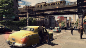 Early screenshot of Mafia II showing Vito entering a taxi