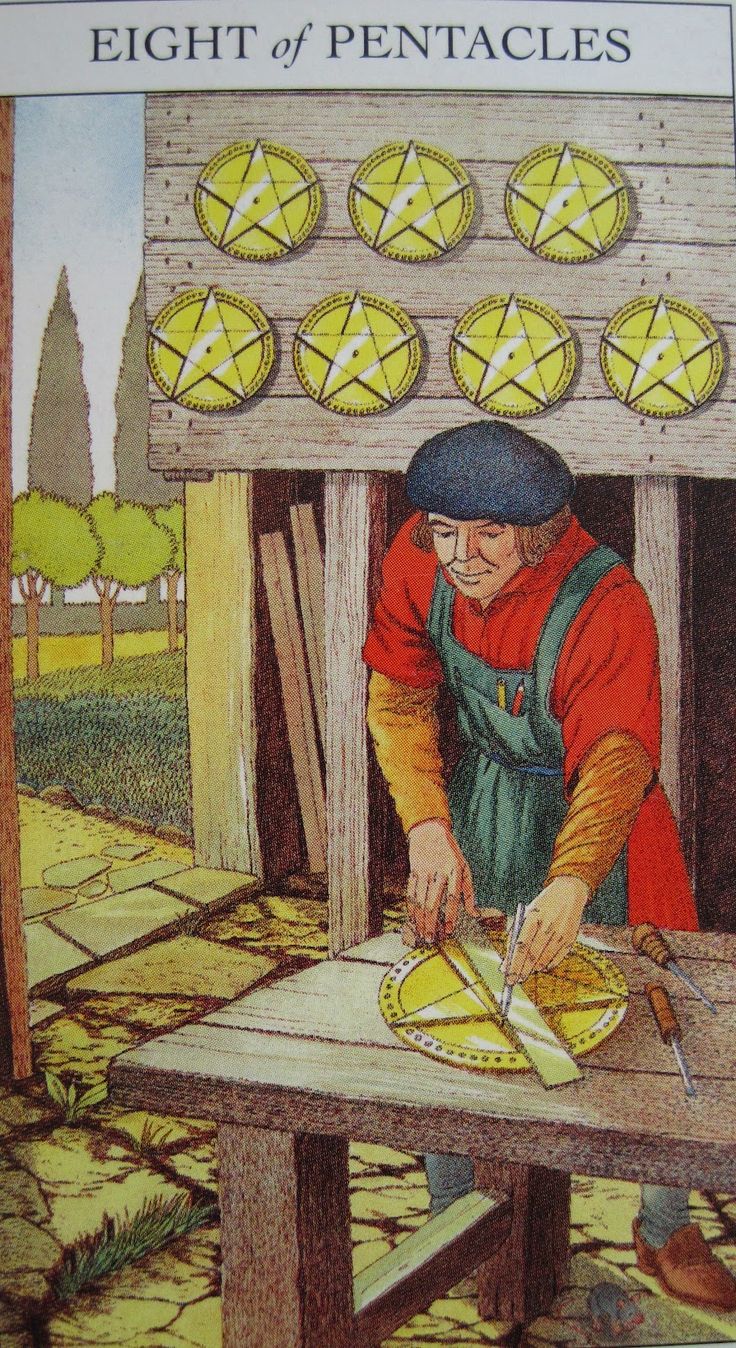 8 пентаклей райдер уэйт. Восьмерка пентаклей таро уэйта. 8 пентаклей таро значение в любви. 8 пентаклей таро значение в любви. Восьмерка пентаклей таро уэйта.
