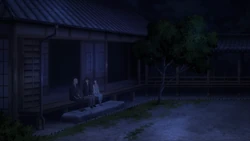 Tatsuya and Miyuki talking with Yakumo outside of training