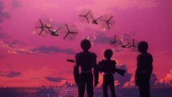 Tatsuya, Kazama and Sanada Shigeru staying behind to face the GAU fleet