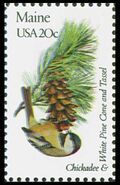 1982 The state birds and flowers issue of 1982 depicted Maine's symbols, the Chickadee and the White Pine Cone and Tassel. Its first day of issue was 14 April 1982 in Washington, DC.