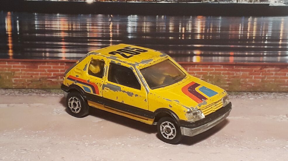 Majorette Peugeot 205 GTI, 1:55 Scale, No 281, 1986, Yellow