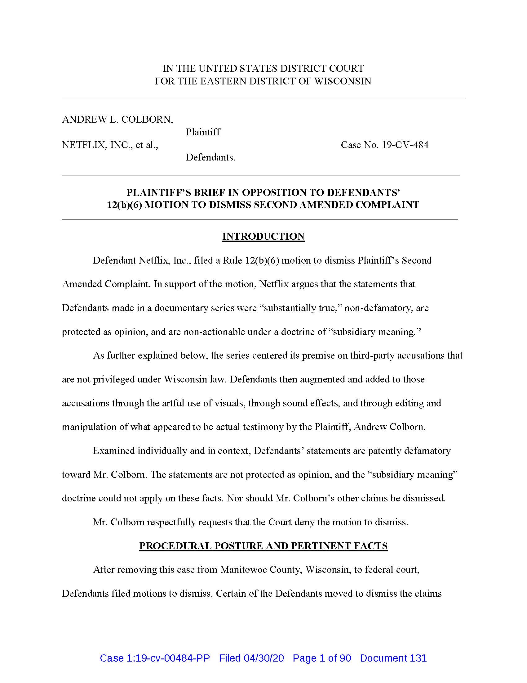 Brief in Opposition to Defendants&rsquo; 12(b)(6) Motion to Dismiss 