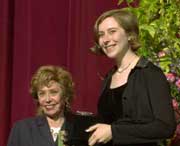 Amy at the 2000 Student Academy Awards, with presenter and animation voice legend June Foray