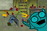 Maggie in the foreground, while the pink schoolgirl is sitting behind her in the background