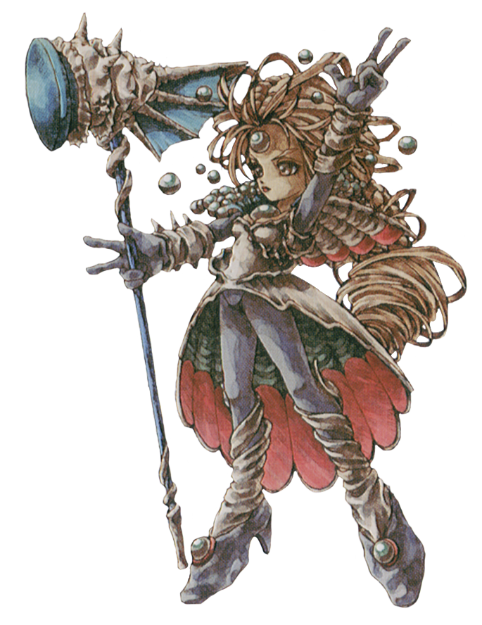  an image of the black and white clad female character Lady Blackpearl from the game Legend of Mana, adorned in pearl motifs. She wears long dark boots, and an armored dress designed to be reminiscent of a sea shell. Pearls float around her head, her long hair tied back. She wields a large warhammer, with stylized aquatic fins and shells.